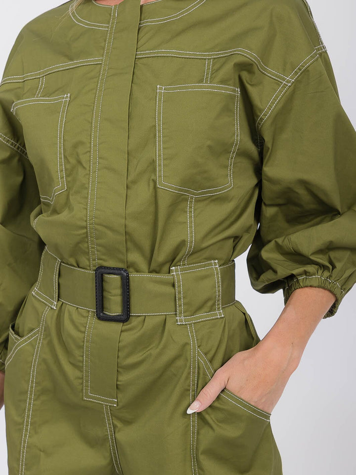 WOMEN'S 3/4 SLEEVES ZIP UP BELTED POCKETS WIDE LEG JUMPSUIT