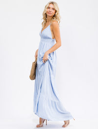 WOMEN'S SLEEVELESS V-NECK SMOCK OPEN BACK TIERED MAXI DRESS