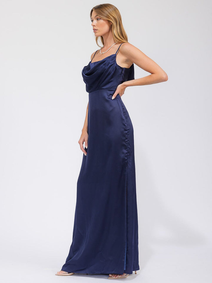 WOMEN'S SLEEVELESS COWL NECK SIDE SLIT MAXI GOWN DRESS