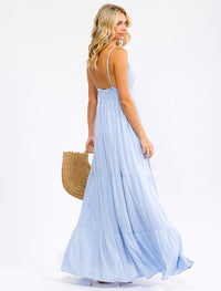 WOMEN'S SLEEVELESS V-NECK SMOCK OPEN BACK TIERED MAXI DRESS