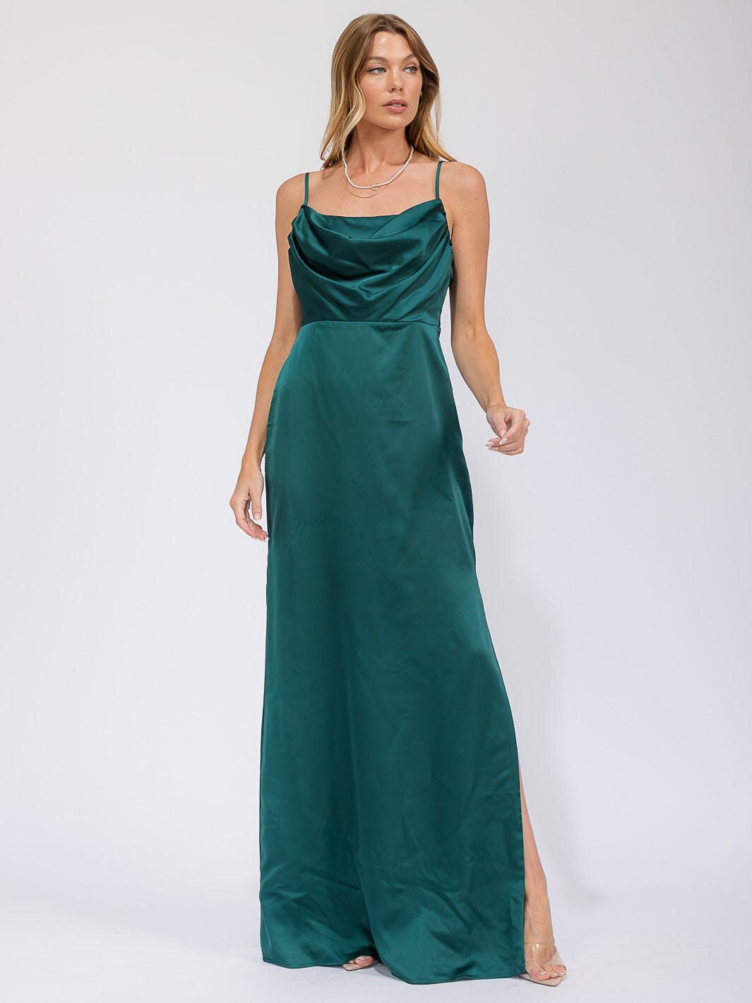 WOMEN'S SLEEVELESS COWL NECK SIDE SLIT MAXI GOWN DRESS