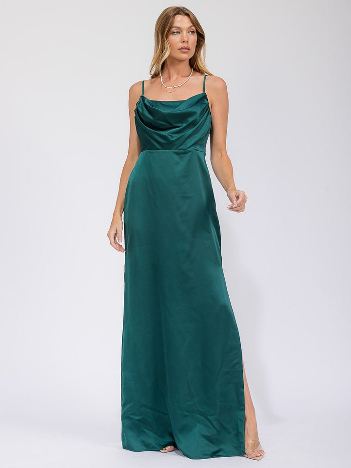 WOMEN'S SLEEVELESS COWL NECK SIDE SLIT MAXI GOWN DRESS