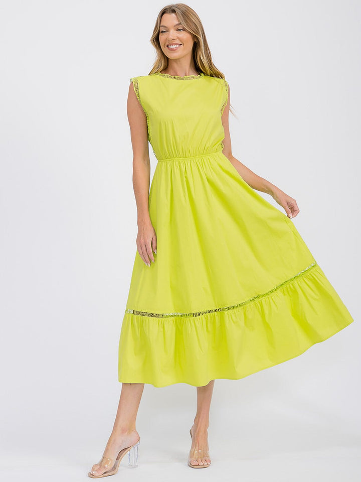 WOMEN'S SLEEVELESS FRONT POCKETS ELASTIC WAIST TIERED MAXI DRESS