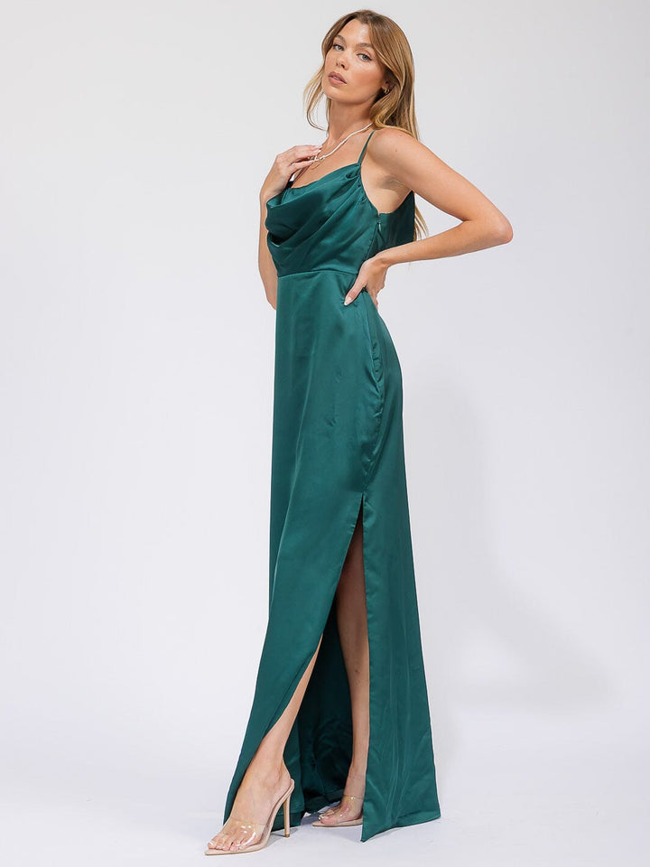 WOMEN'S SLEEVELESS COWL NECK SIDE SLIT MAXI GOWN DRESS