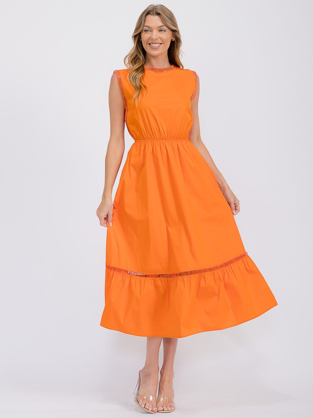 WOMEN'S SLEEVELESS FRONT POCKETS ELASTIC WAIST TIERED MAXI DRESS