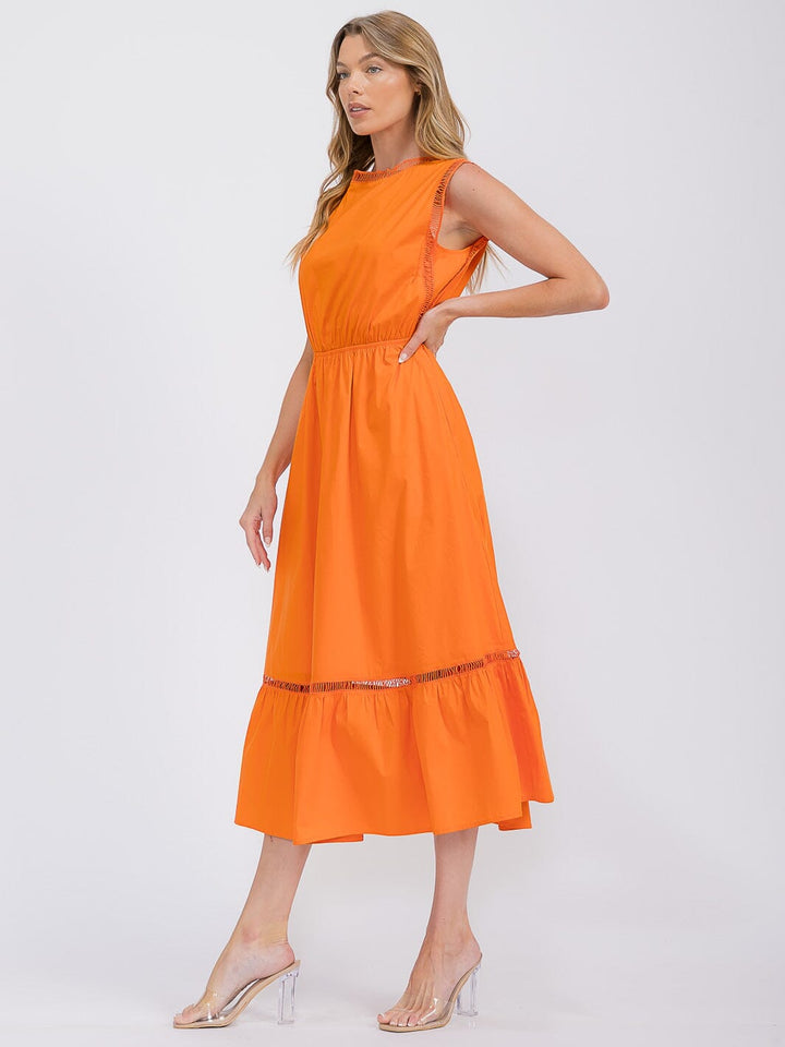 WOMEN'S SLEEVELESS FRONT POCKETS ELASTIC WAIST TIERED MAXI DRESS