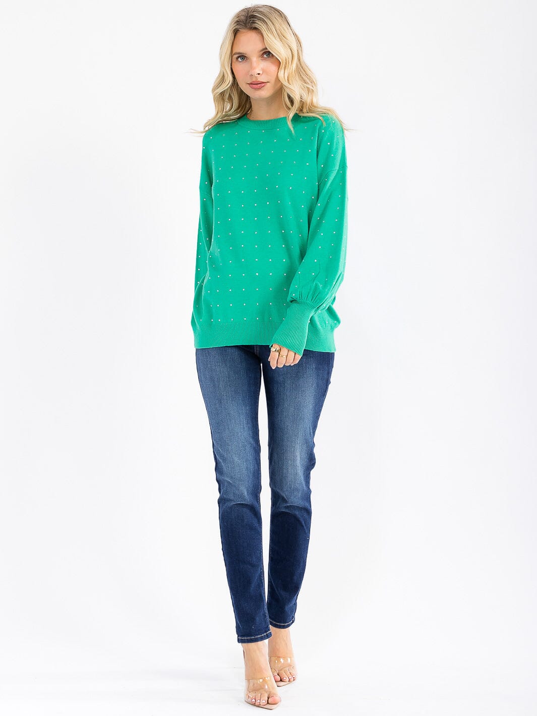 WOMEN'S LONG SLEEVE STUDS DETAILED PULLOVER SWEATER