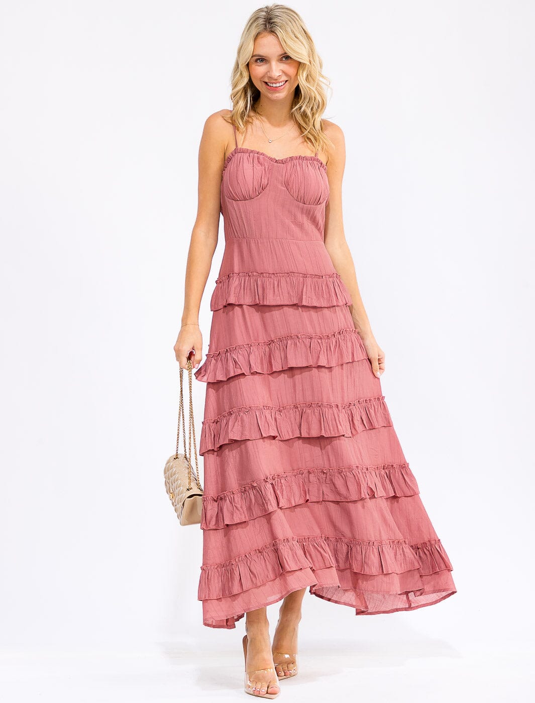 WOMEN'S SLEEVELESS RUFFLE TIERED DETAILED MAXI DRESS