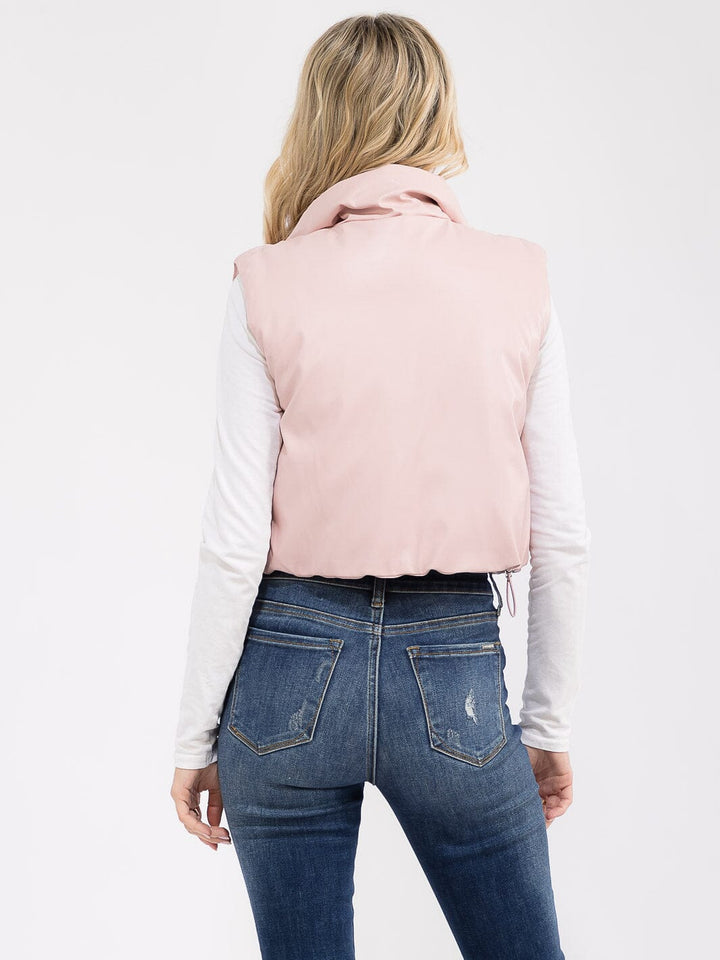 WOMEN'S SLEEVELESS ZIP UP FRONT POCKETS PU PLEATHER VEST