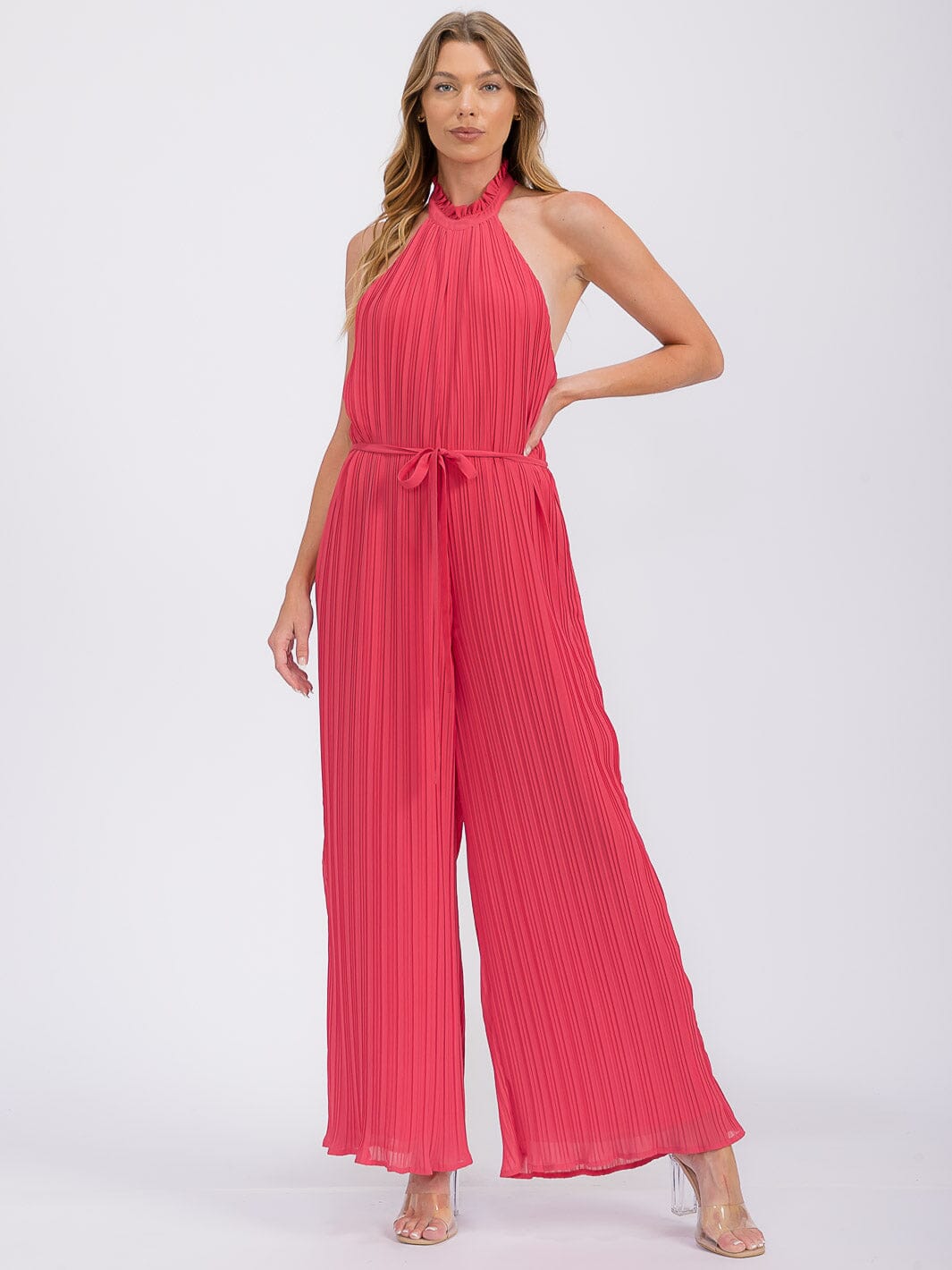 WOMEN'S SLEEVELESS HALTER NECK OPEN BACK PLEATED WIDE LEG JUMPSUIT