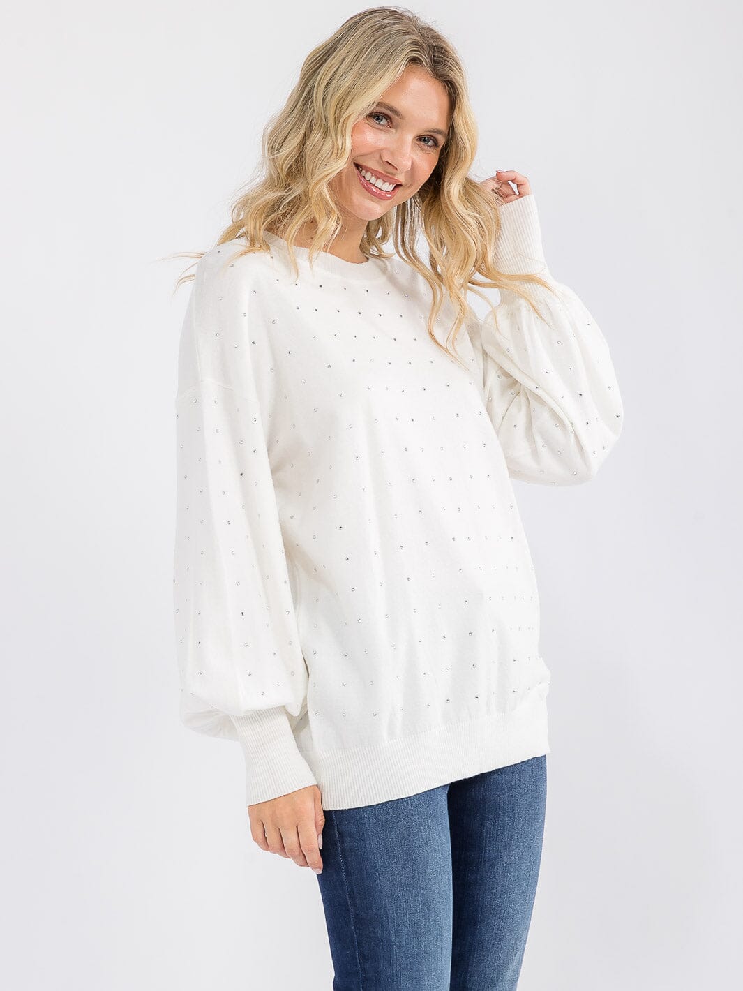 WOMEN'S LONG SLEEVE STUDS DETAILED PULLOVER SWEATER