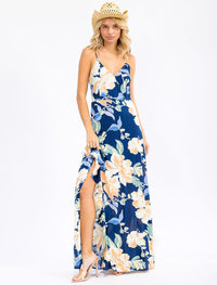 WOMEN'S SLEEVELESS SURPLICE RUFFLE HIGH-LOW FLORAL MAXI DRESS