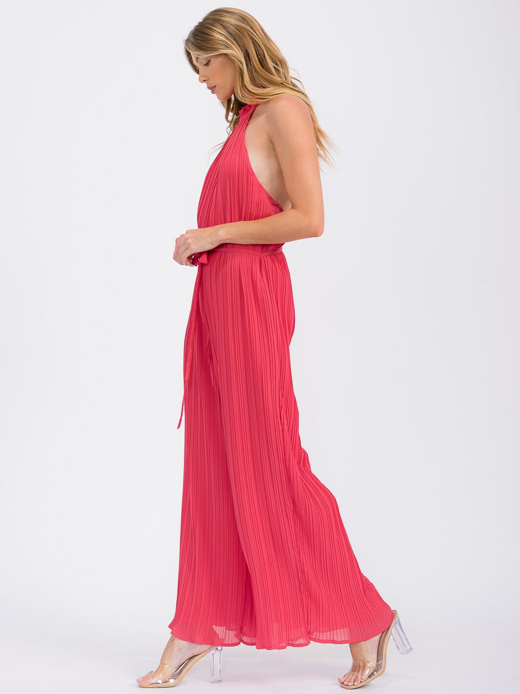 WOMEN'S SLEEVELESS HALTER NECK OPEN BACK PLEATED WIDE LEG JUMPSUIT