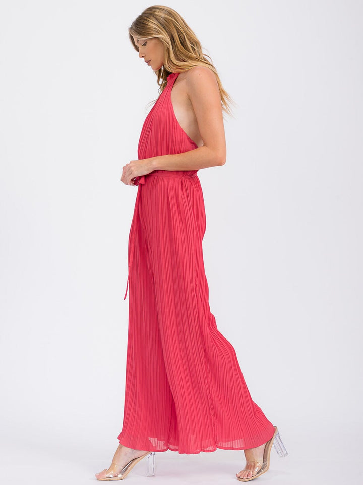 WOMEN'S SLEEVELESS HALTER NECK OPEN BACK PLEATED WIDE LEG JUMPSUIT