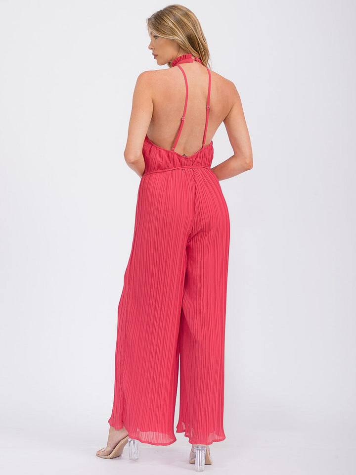 WOMEN'S SLEEVELESS HALTER NECK OPEN BACK PLEATED WIDE LEG JUMPSUIT