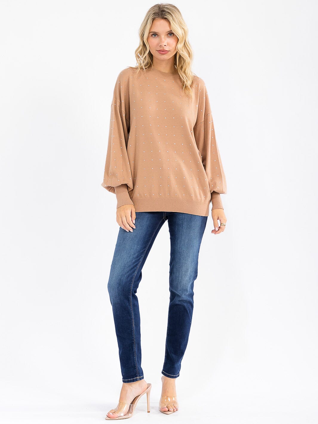 WOMEN'S LONG SLEEVE STUDS DETAILED PULLOVER SWEATER
