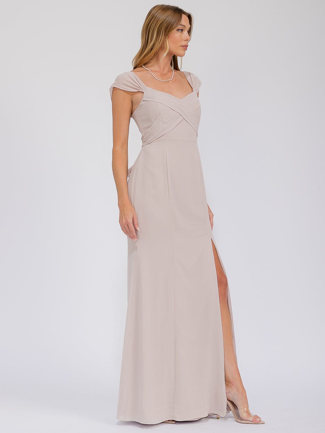 WOMEN'S SLEEVELESS DETAILED FRONT SLIT MAXI GOWN DRESS