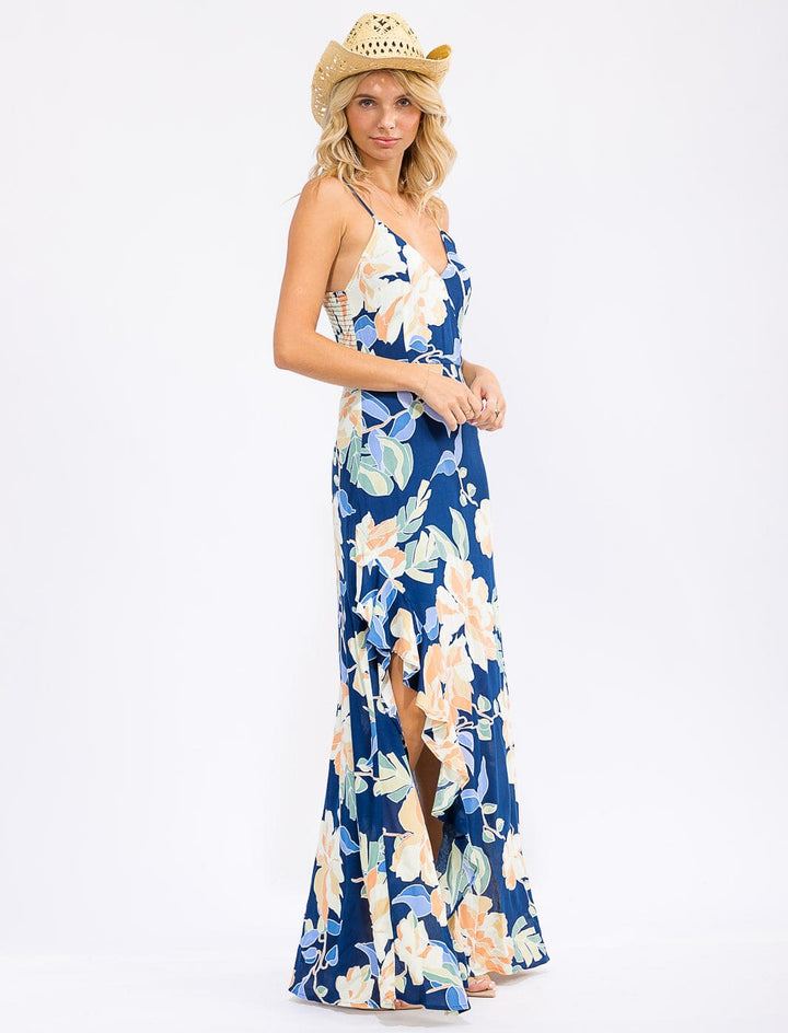 WOMEN'S SLEEVELESS SURPLICE RUFFLE HIGH-LOW FLORAL MAXI DRESS