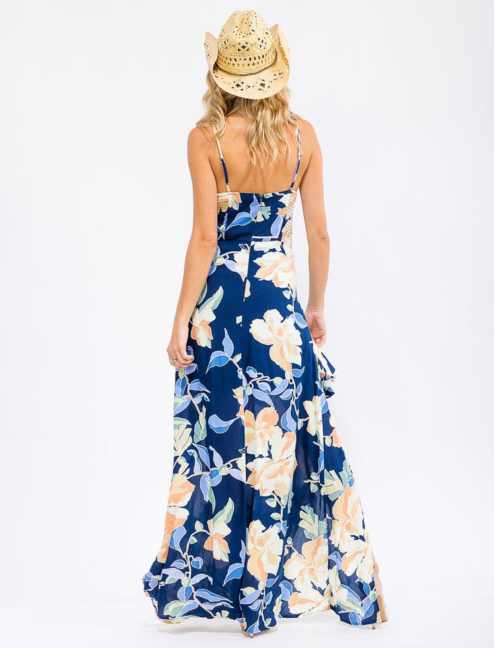 WOMEN'S SLEEVELESS SURPLICE RUFFLE HIGH-LOW FLORAL MAXI DRESS