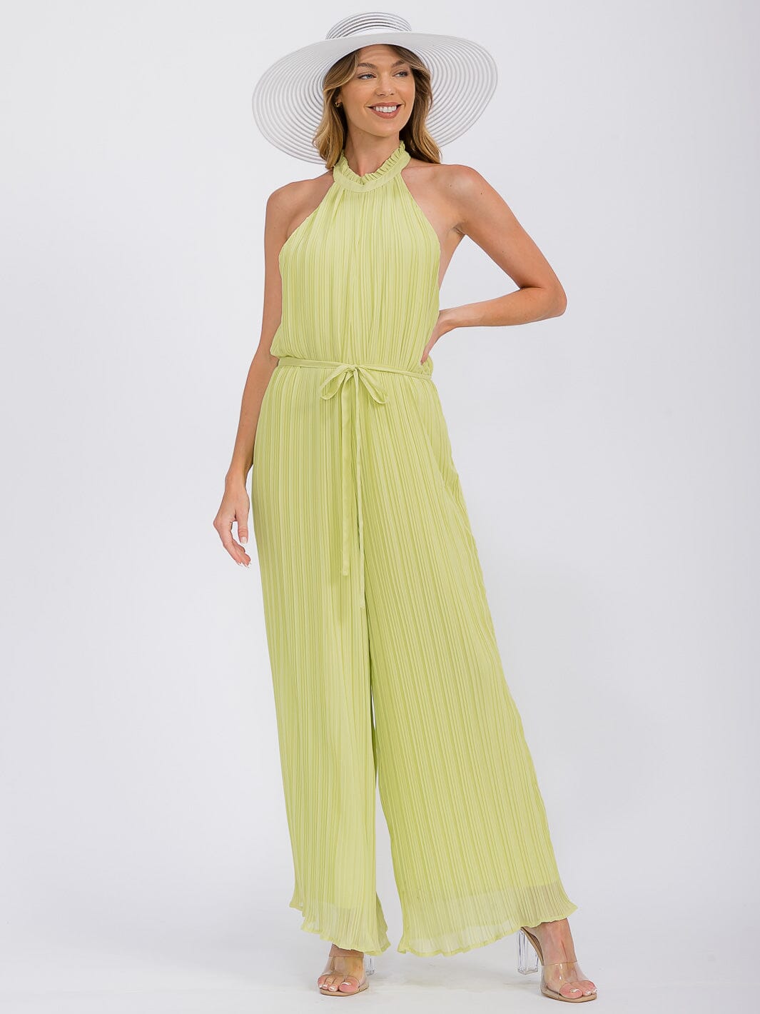 WOMEN'S SLEEVELESS HALTER NECK OPEN BACK PLEATED WIDE LEG JUMPSUIT