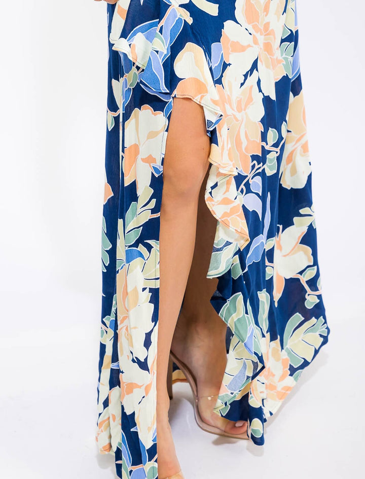 WOMEN'S SLEEVELESS SURPLICE RUFFLE HIGH-LOW FLORAL MAXI DRESS