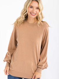 WOMEN'S LONG SLEEVE STUDS DETAILED PULLOVER SWEATER