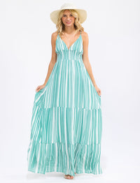 WOMEN'S SLEEVELESS V-NECK SMOCK OPEN BACK TIERED COLORBLOCK STRIPES MAXI DRESS