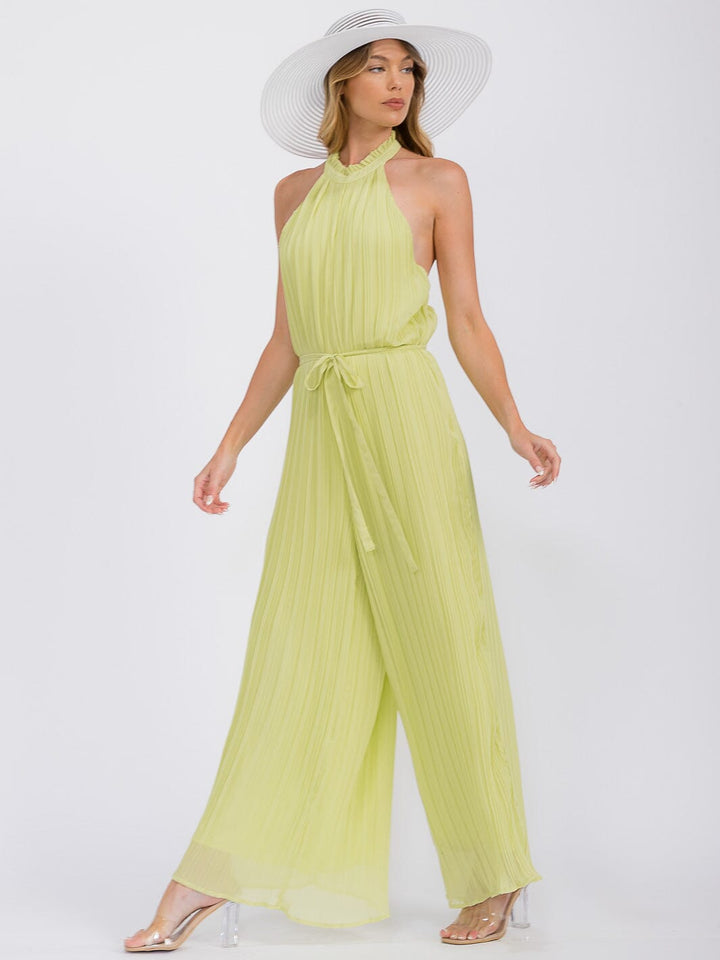 WOMEN'S SLEEVELESS HALTER NECK OPEN BACK PLEATED WIDE LEG JUMPSUIT