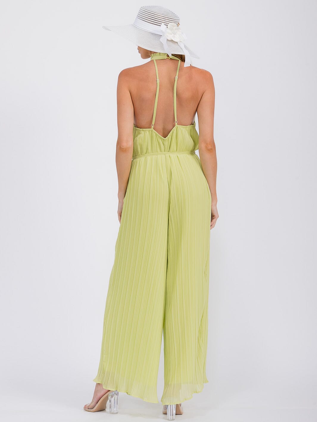 WOMEN'S SLEEVELESS HALTER NECK OPEN BACK PLEATED WIDE LEG JUMPSUIT