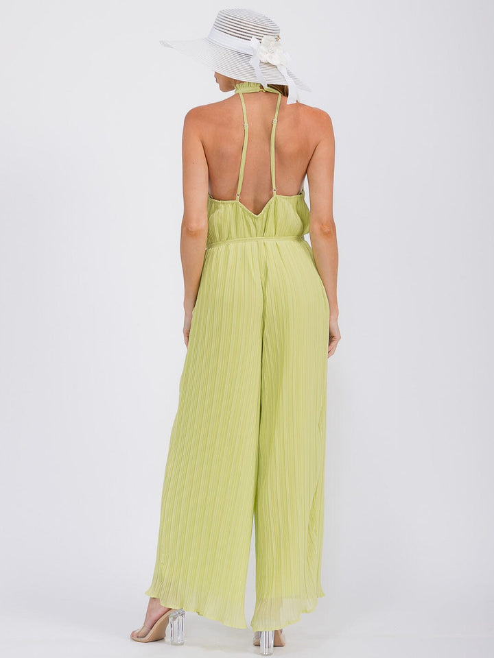 WOMEN'S SLEEVELESS HALTER NECK OPEN BACK PLEATED WIDE LEG JUMPSUIT