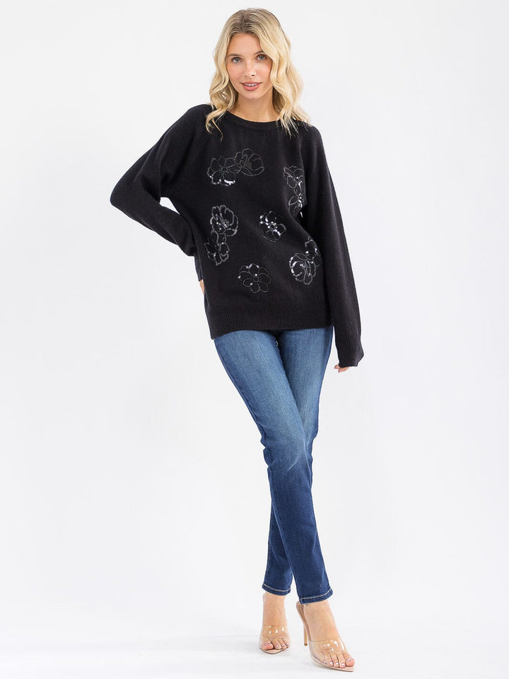 WOMEN'S LONG SLEEVE SEQUINS FLORAL PULLOVER SWEATER