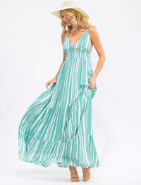WOMEN'S SLEEVELESS V-NECK SMOCK OPEN BACK TIERED COLORBLOCK STRIPES MAXI DRESS