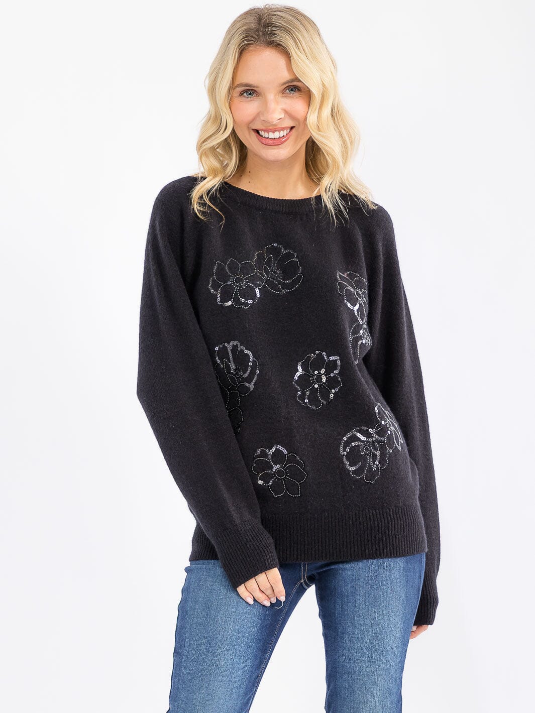 WOMEN'S LONG SLEEVE SEQUINS FLORAL PULLOVER SWEATER