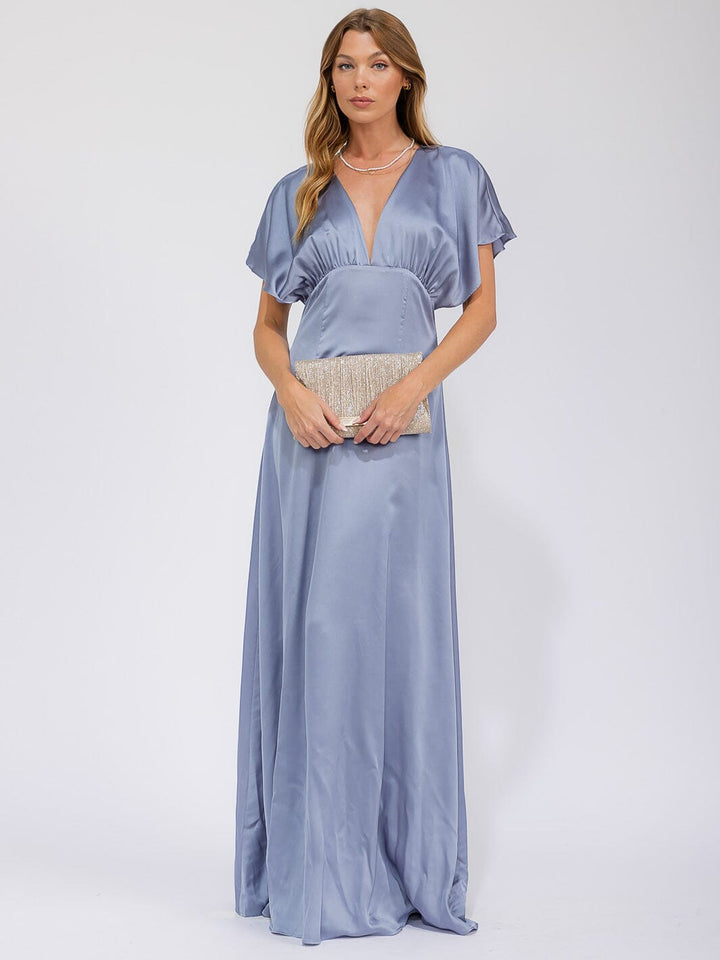 WOMEN'S SHORT SLEEVE V-NECK BACK CUT OUT MAXI GOWN DRESS