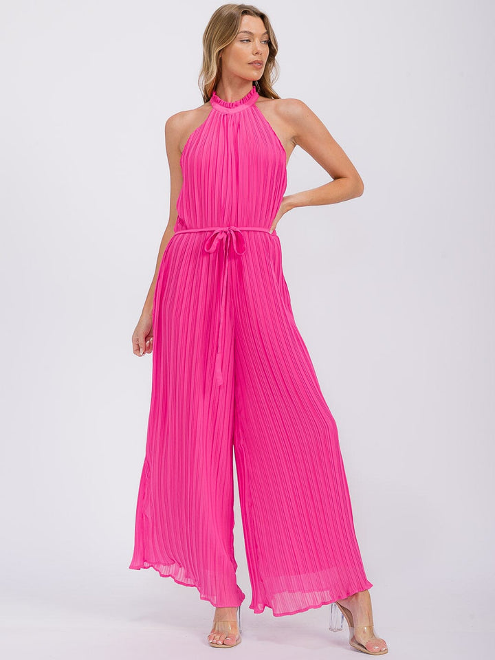 WOMEN'S SLEEVELESS HALTER NECK OPEN BACK PLEATED WIDE LEG JUMPSUIT