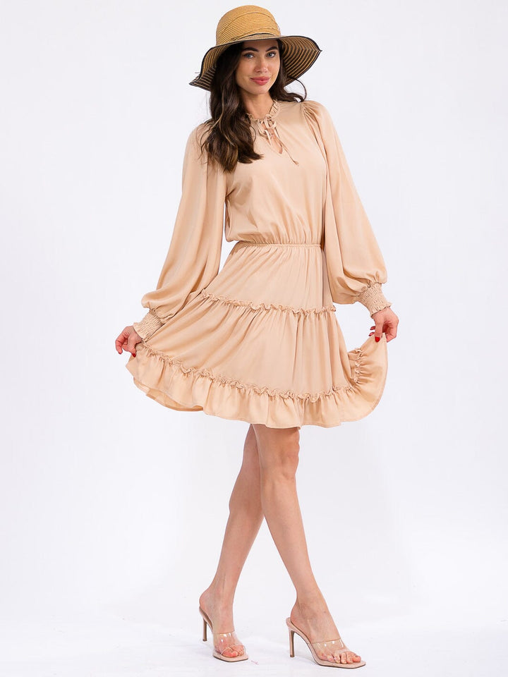 WOMEN'S LONG SLEEVE V-NECK ELASTIC WAIST TIERED MINI DRESS