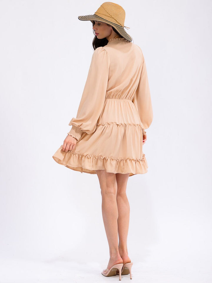 WOMEN'S LONG SLEEVE V-NECK ELASTIC WAIST TIERED MINI DRESS