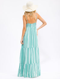 WOMEN'S SLEEVELESS V-NECK SMOCK OPEN BACK TIERED COLORBLOCK STRIPES MAXI DRESS