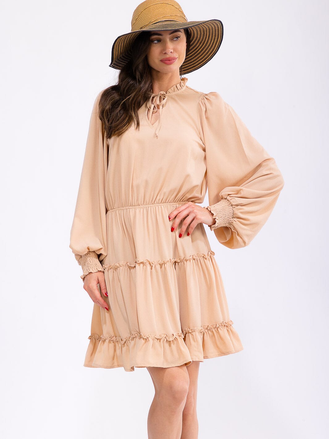 WOMEN'S LONG SLEEVE V-NECK ELASTIC WAIST TIERED MINI DRESS