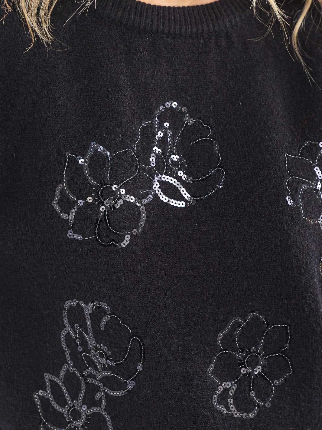 WOMEN'S LONG SLEEVE SEQUINS FLORAL PULLOVER SWEATER