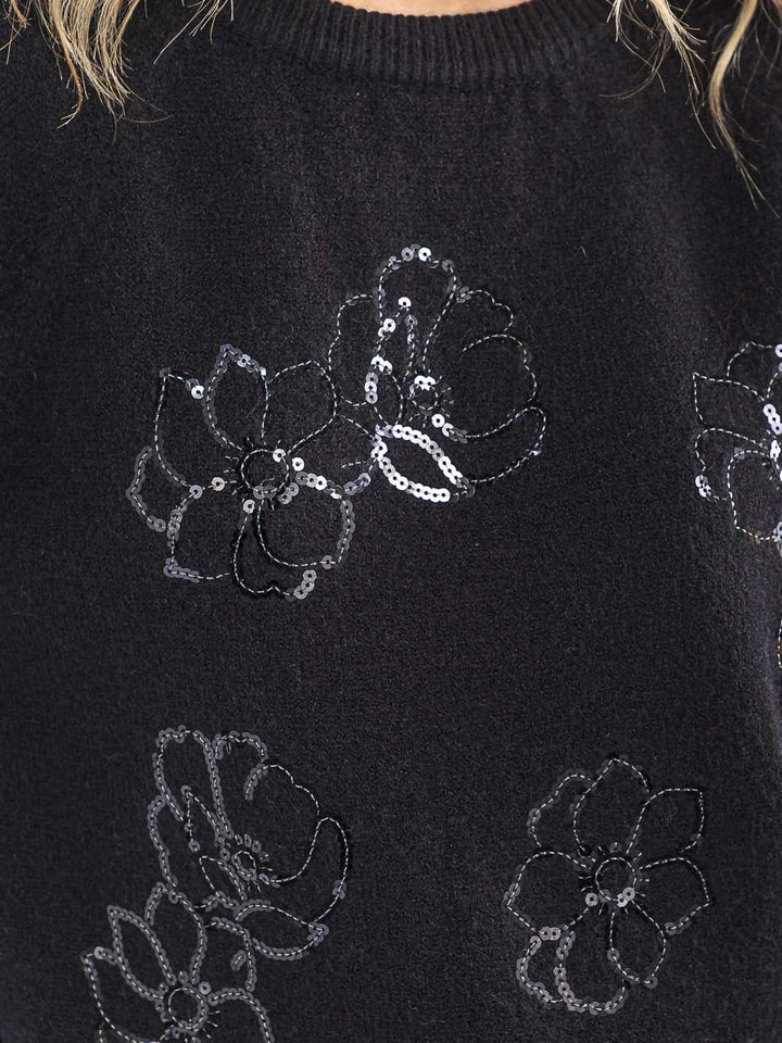 WOMEN'S LONG SLEEVE SEQUINS FLORAL PULLOVER SWEATER