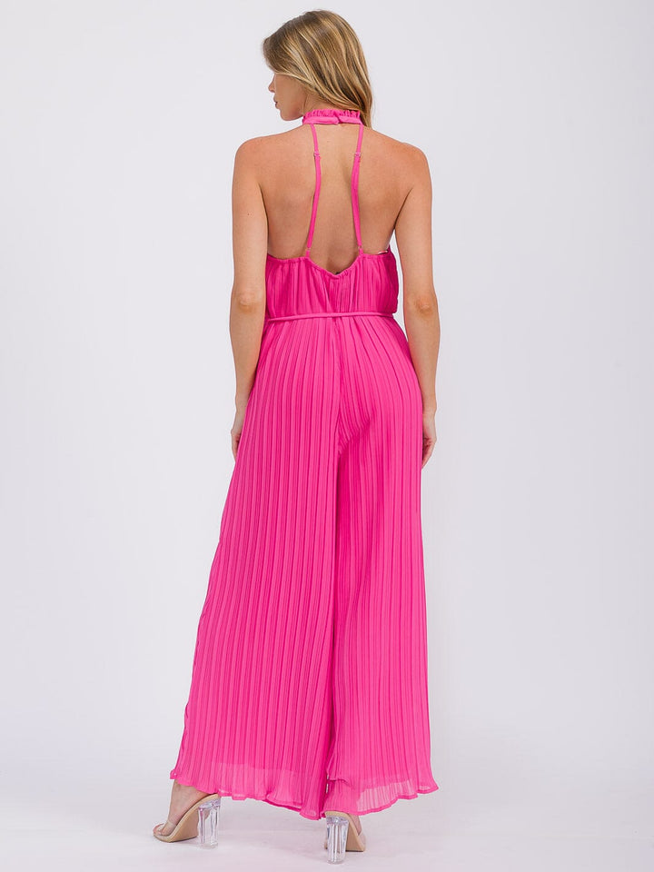 WOMEN'S SLEEVELESS HALTER NECK OPEN BACK PLEATED WIDE LEG JUMPSUIT
