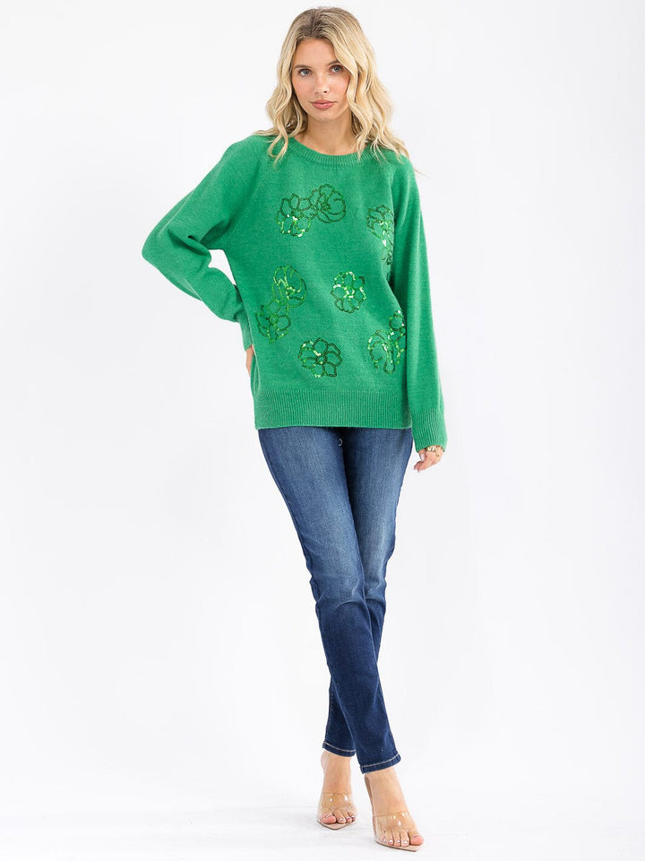 WOMEN'S LONG SLEEVE SEQUINS FLORAL PULLOVER SWEATER
