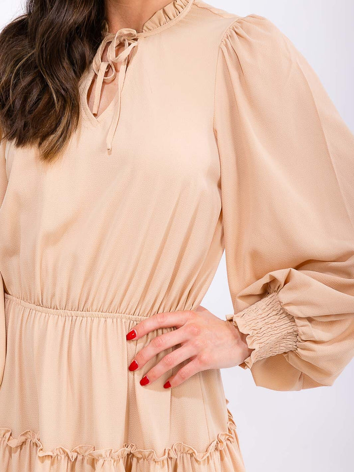 WOMEN'S LONG SLEEVE V-NECK ELASTIC WAIST TIERED MINI DRESS