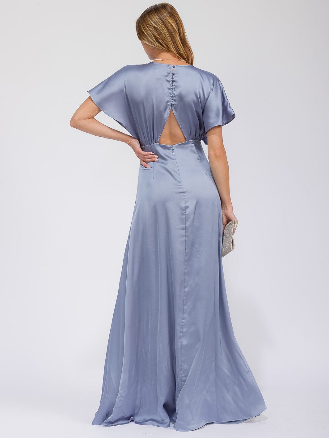 WOMEN'S SHORT SLEEVE V-NECK BACK CUT OUT MAXI GOWN DRESS