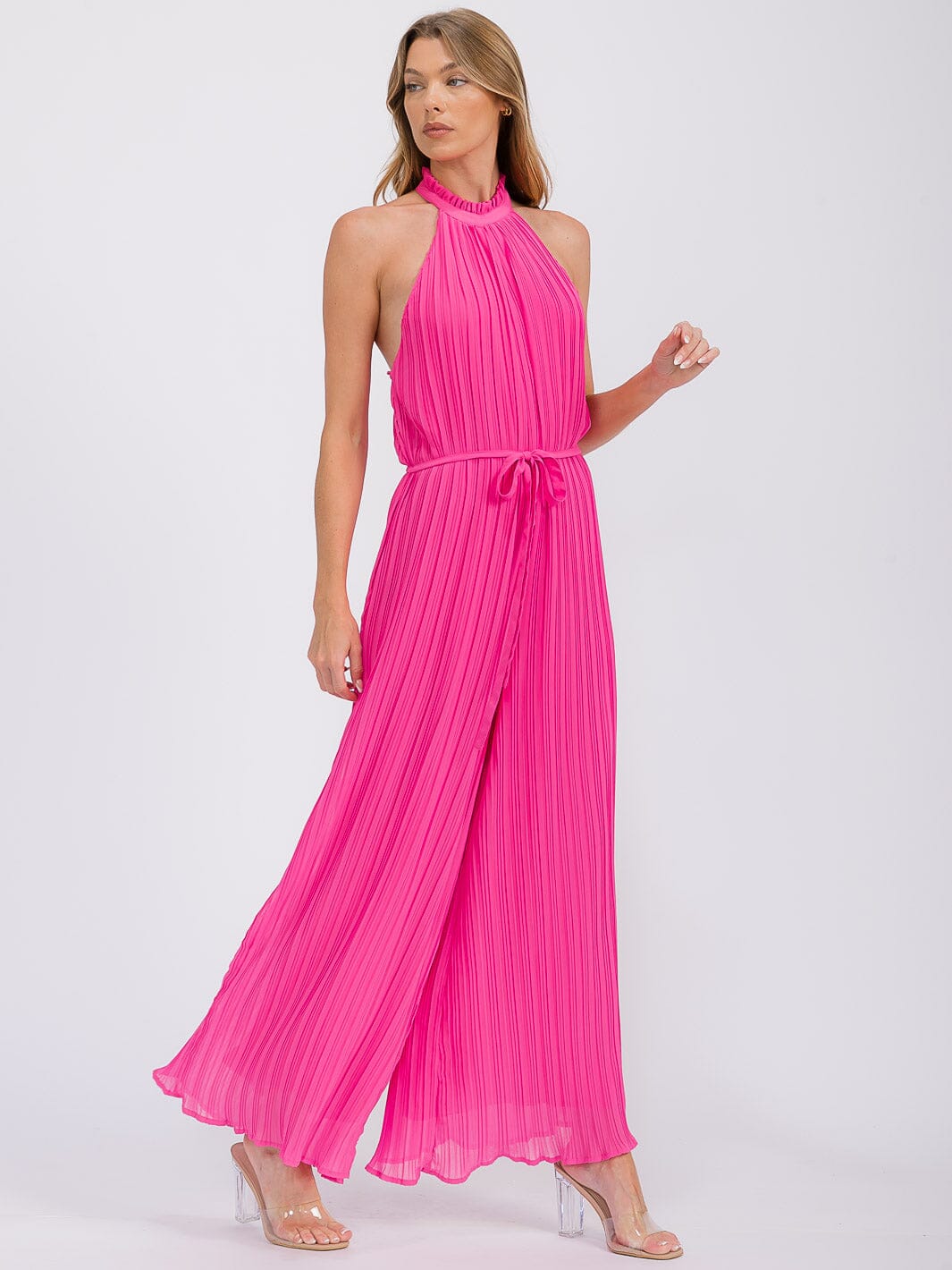 WOMEN'S SLEEVELESS HALTER NECK OPEN BACK PLEATED WIDE LEG JUMPSUIT