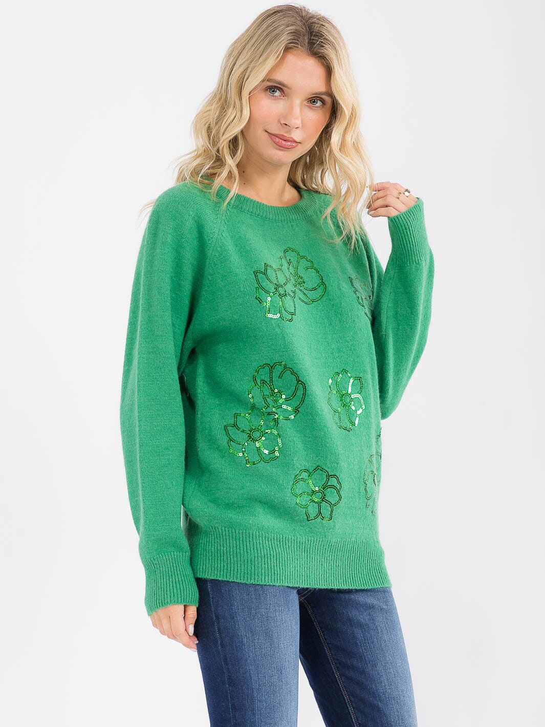 WOMEN'S LONG SLEEVE SEQUINS FLORAL PULLOVER SWEATER