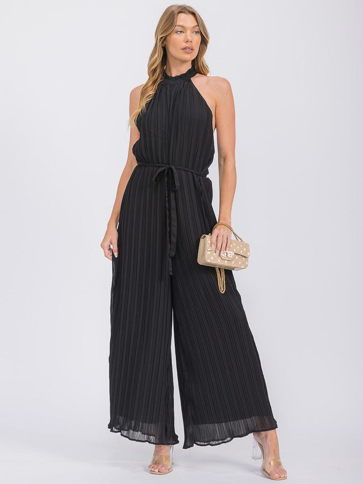 WOMEN'S SLEEVELESS HALTER NECK OPEN BACK PLEATED WIDE LEG JUMPSUIT
