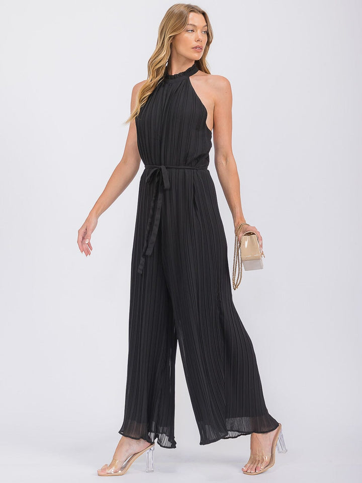 WOMEN'S SLEEVELESS HALTER NECK OPEN BACK PLEATED WIDE LEG JUMPSUIT