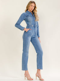 WOMEN'S LONG SLEEVE BUTTON UP POCKETS WASHED STRETCH DENIM SKINNY LEG JUMPSUIT